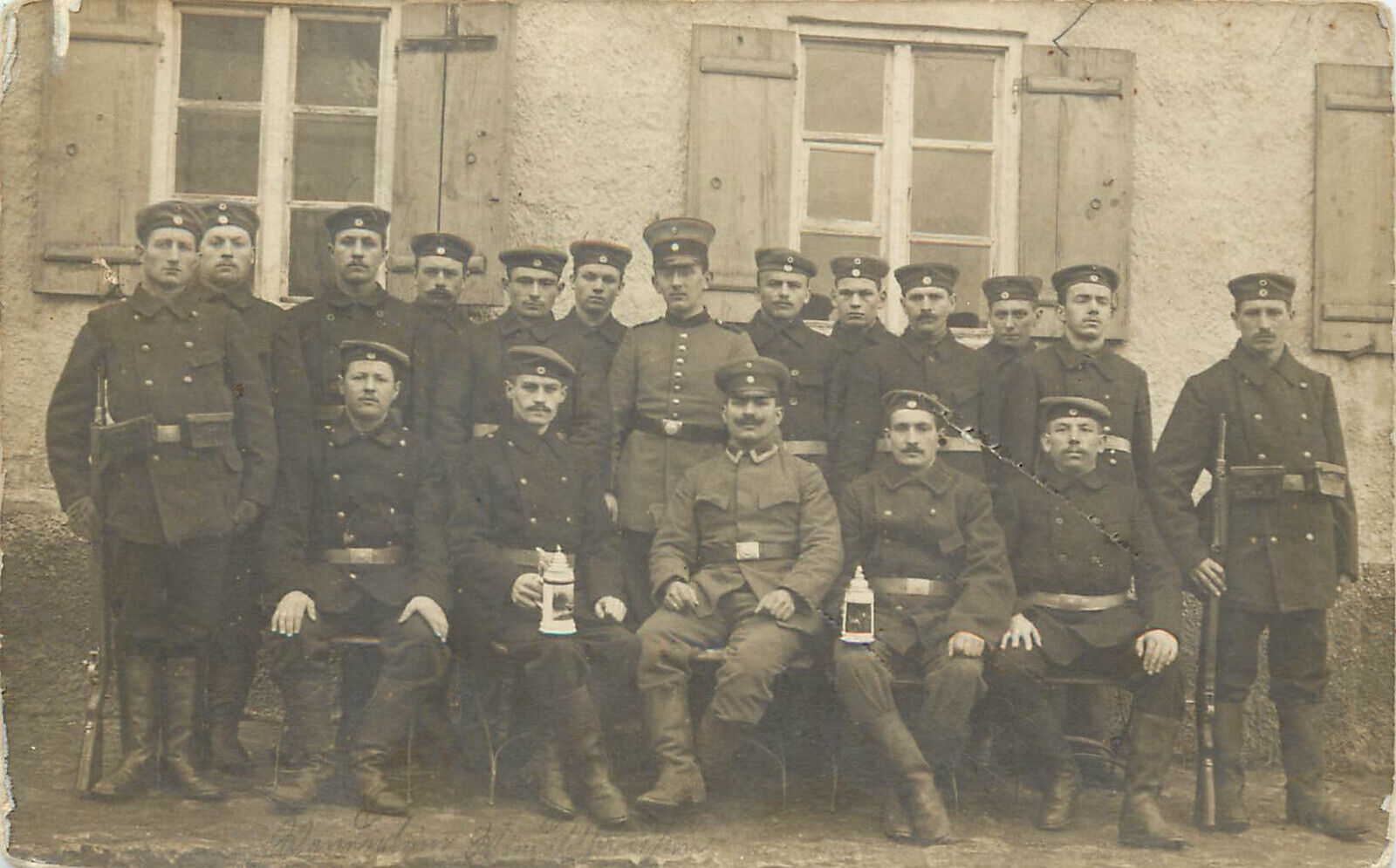 RPPC WWI Feldpost Postcard Platoon Austro Hungarian Soldiers Beer Steins Rifle