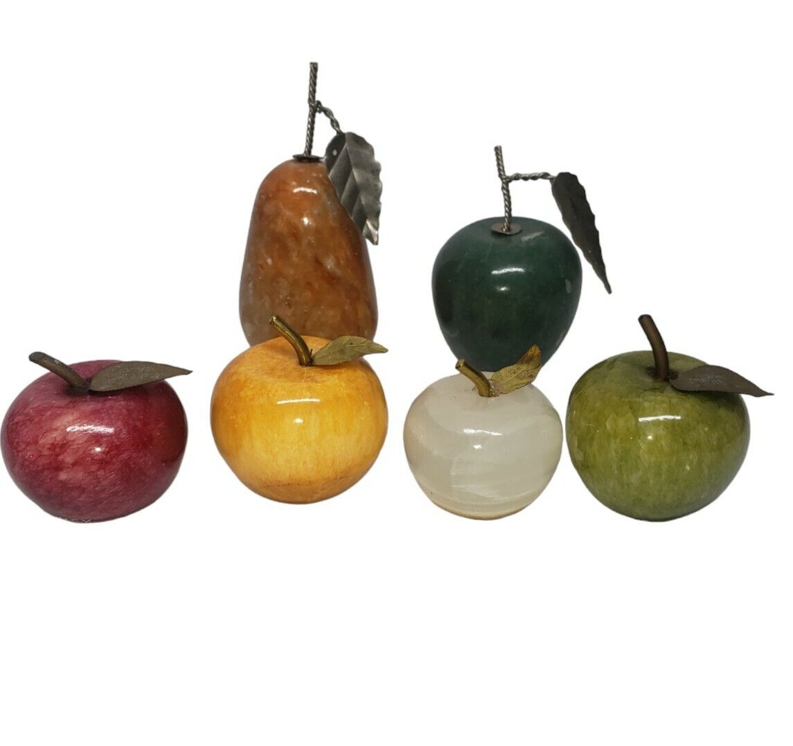 Lot Colored Apples Polished Stones Marble Alabaster Paperweight Copper Stem