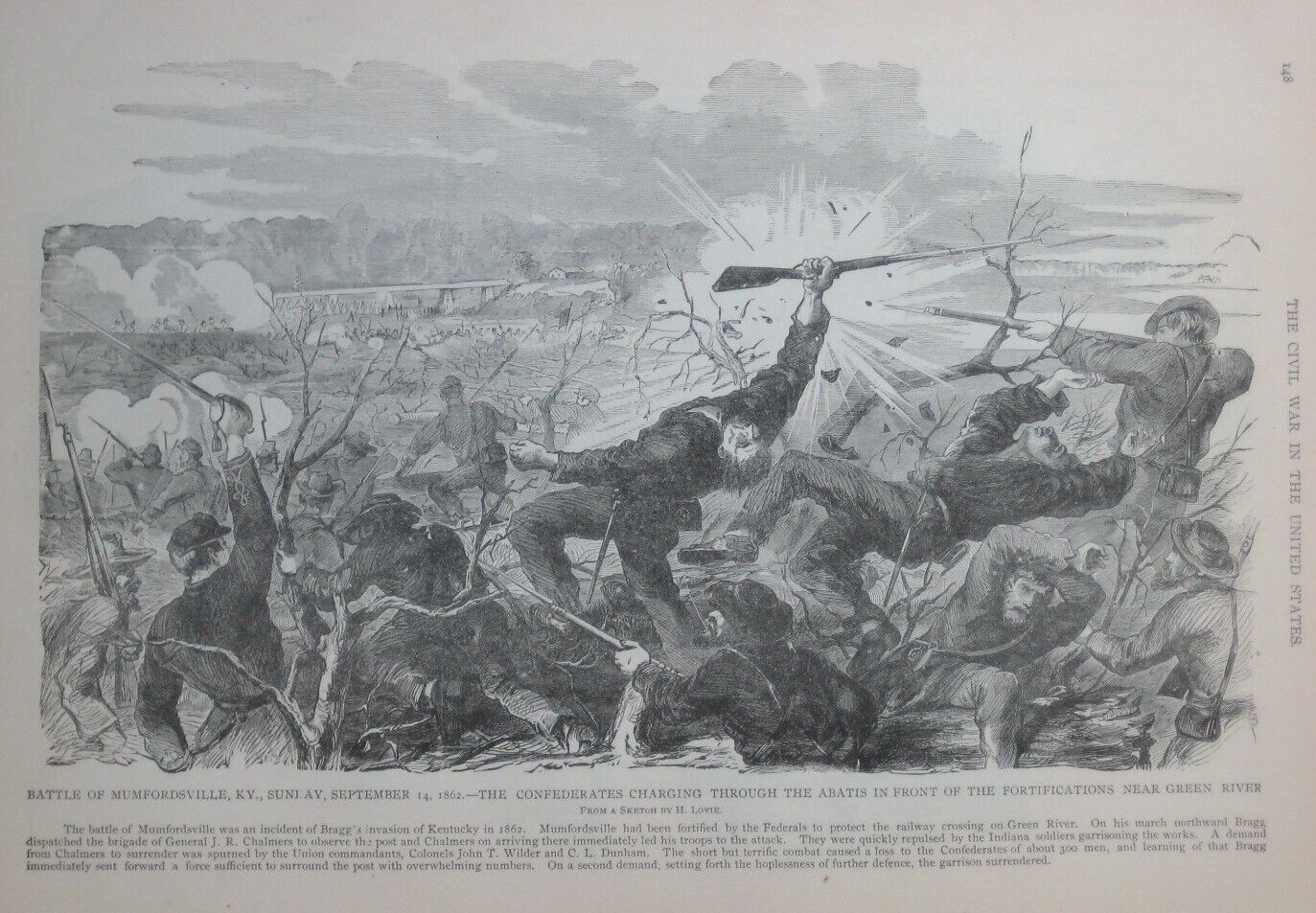 Original Henri Lovie Civil War Lithograph BATTLE OF MUNFORDVILLE Kentucky 1862