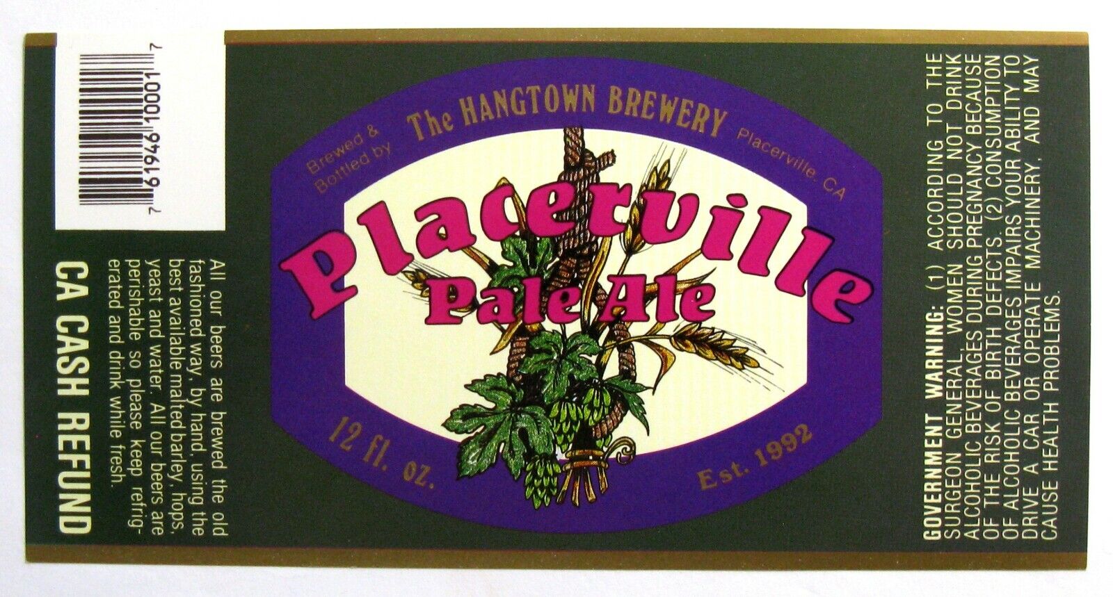 The Hangtown Brewery PLACERVILLE PALE ALE beer label CA 12oz