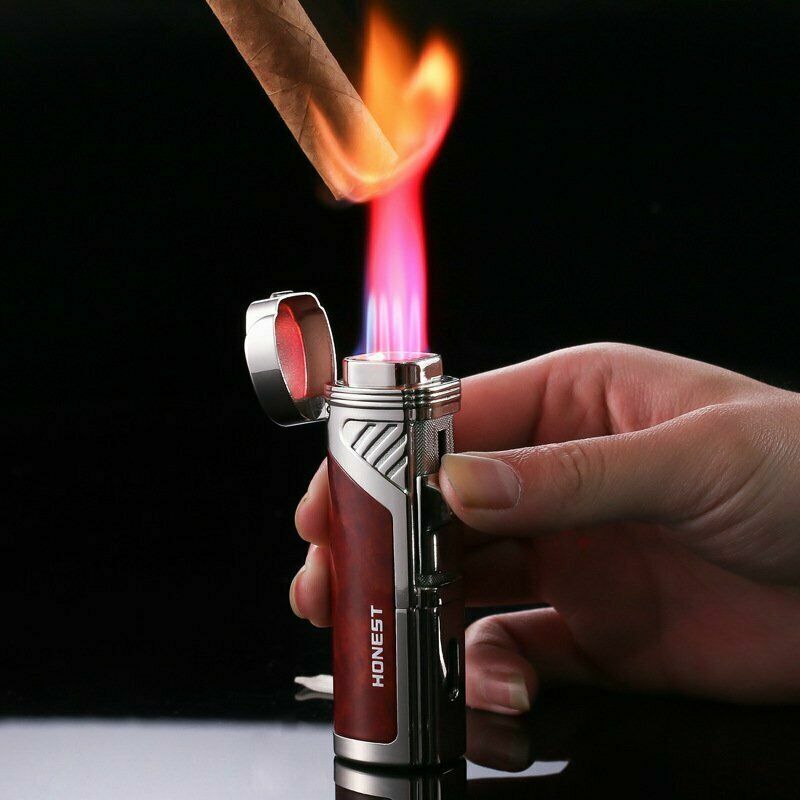 Butane Cigar Lighter 4 Jet Red Flame Torch Lighter Quad with Punch Portable