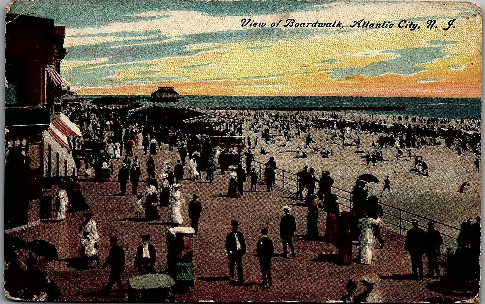 1908 ATLANTIC CITY N.J. PROMENADE BOARDWALK PIER OCEAN POSTCARD 25-258
