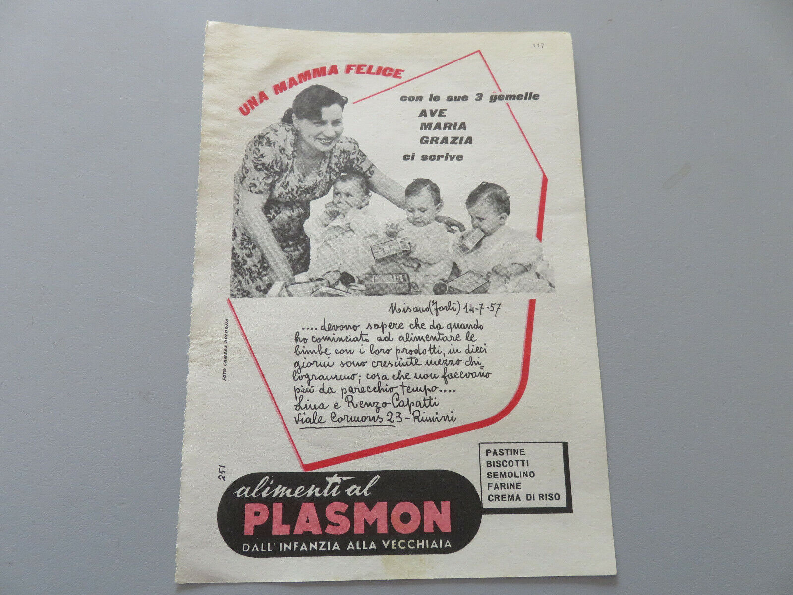 Advertising On Page Original Years 50/60 Advertising Vintage Plasmon