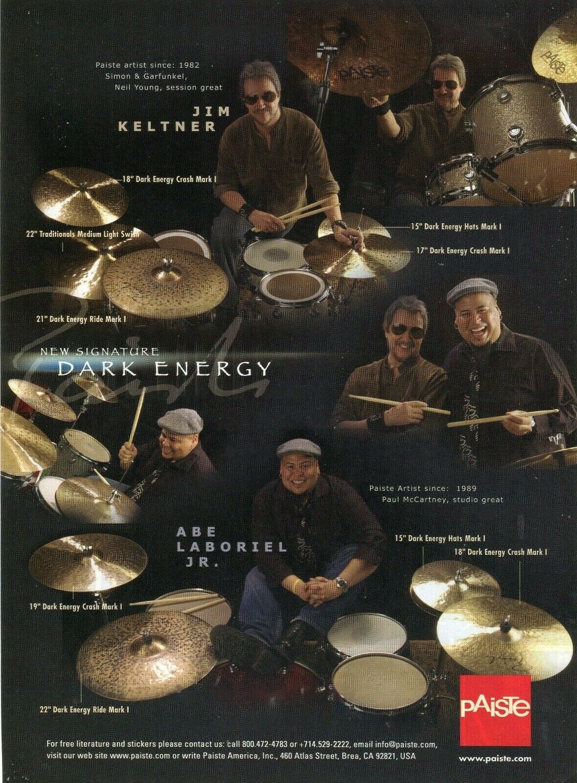 2005 Print Ad Paiste Dark Energy Drum Cymbal Setup w Jim Keltner Abe Laboriel Jr