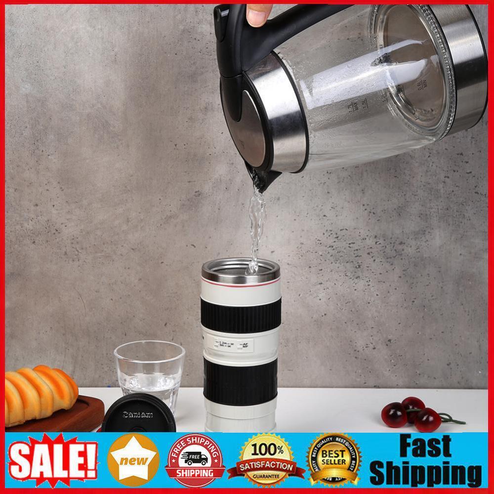 400mL Camera Lens Shaped Stainless Steel Water Cup Tea Mug with Lid (Black)
