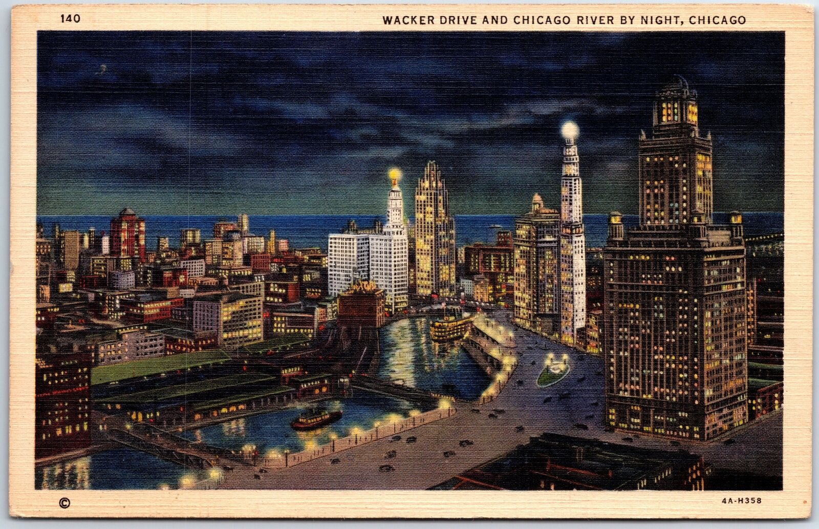 VINTAGE POSTCARD BIRD\'S EYE VIEW OF WACKER DRIVE & THE CHICAGO RIVER AT NIGHT