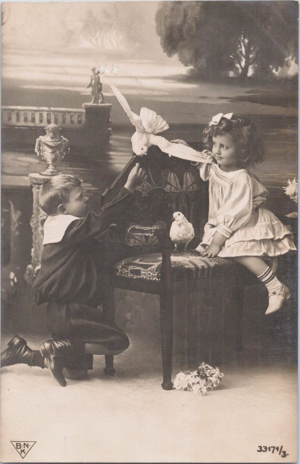 ZAYIX Real Photo Postcard Cut Boy & Girl Children with Doves Birds BNK c1909