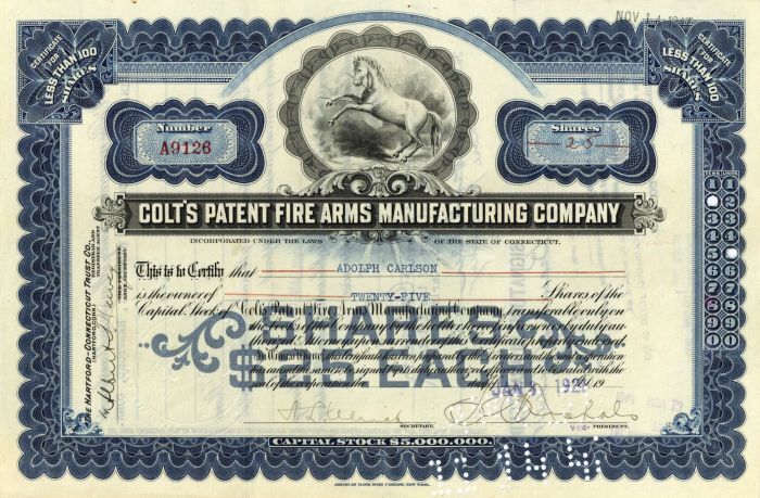Colt's Patent Fire Arms Manufacturing Co. - 1920's dated Gun Stock Certificate -