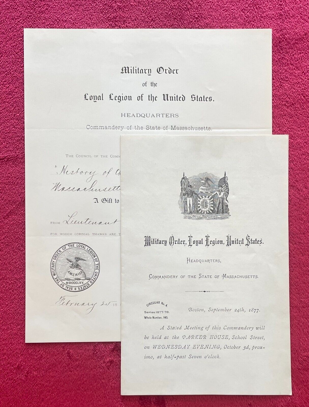 ORDER OF LOYAL LEGION MASS 1877 MEMBERSHIP VOTE & 1884 DONATION OF LIEUT RANLETT
