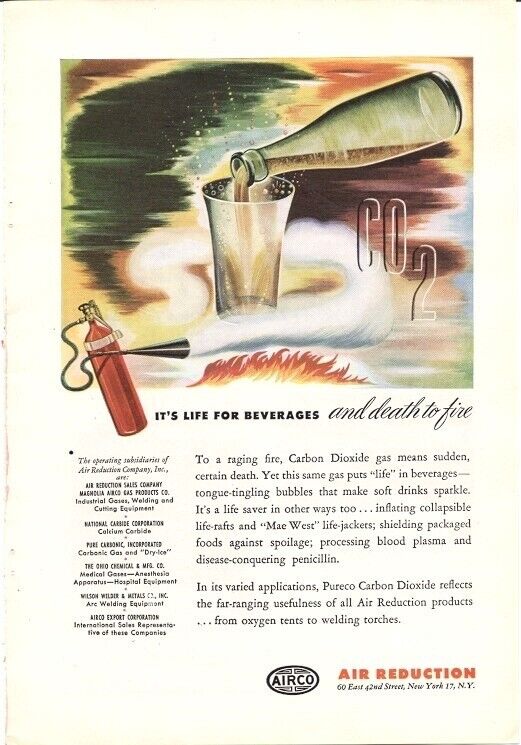 Airco Carbon Dioxide Life for Beverages Death to Fire Airco 1946 Vintage Ad 