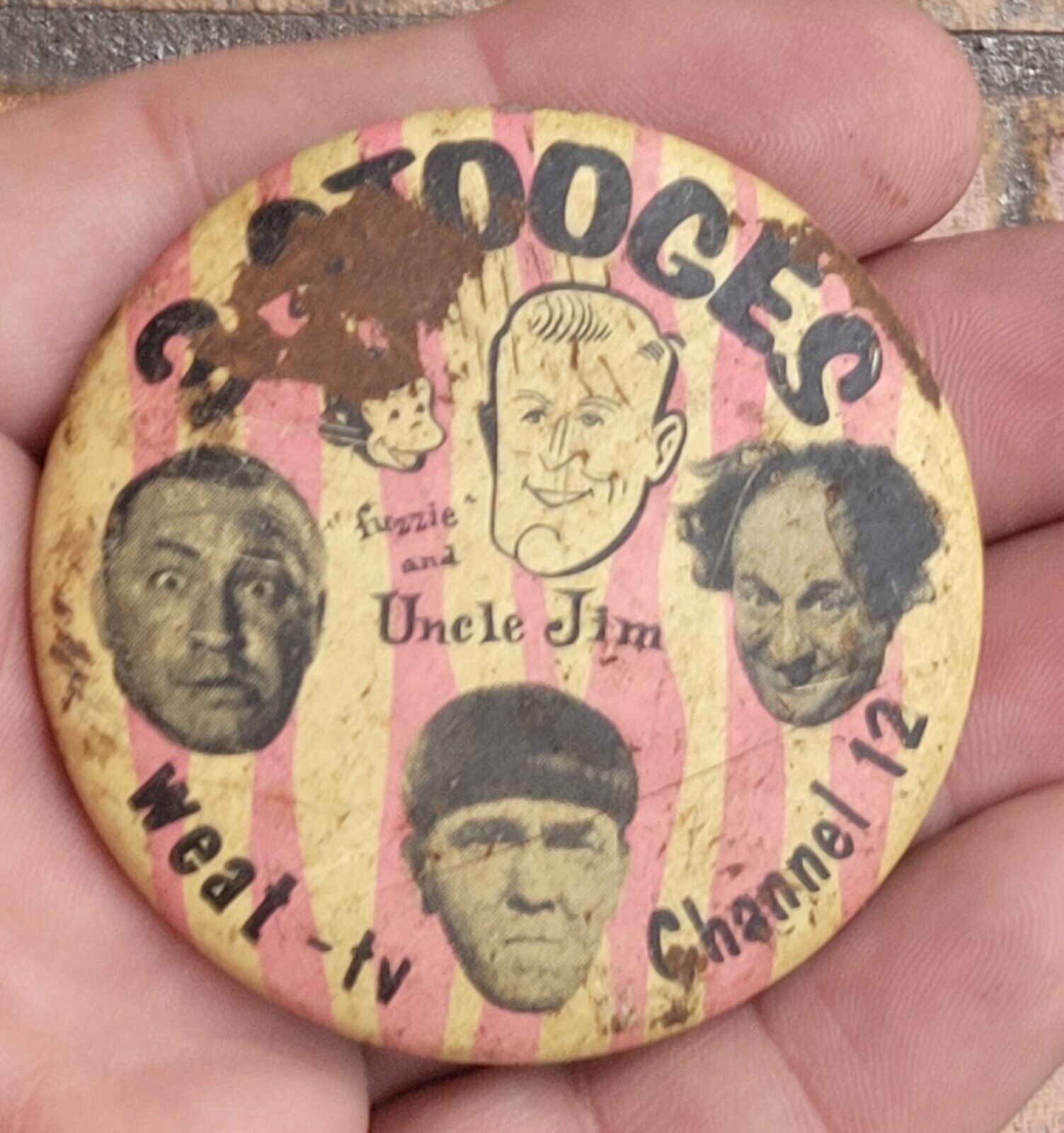 3 Stooges Television Station Rare Promotional Button Pinback Pin Wheat TV Ch 12
