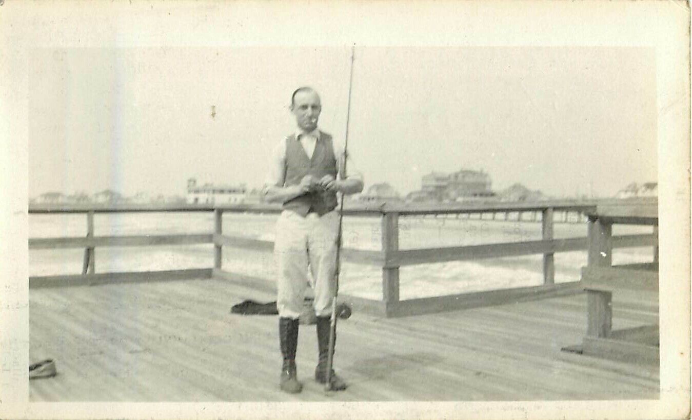 New Jersey Shore 1932 Black White Photo NJ Man in Fishing Gear Posing on Dock