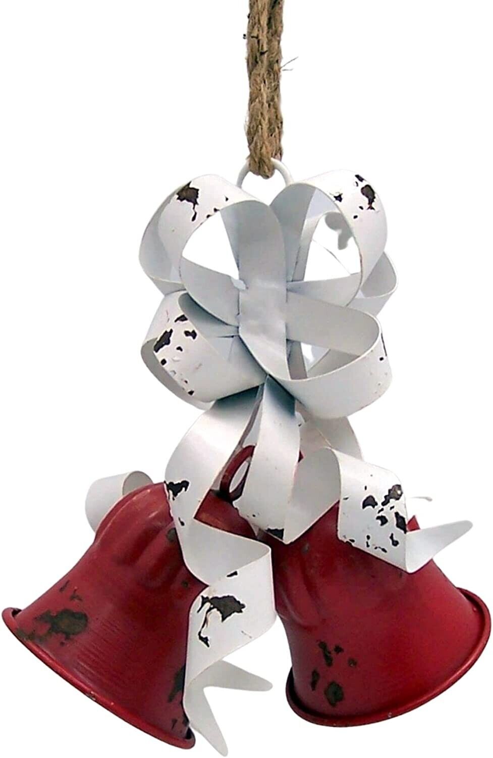 Red Christmas Bells with a White Metal Ribbon, Hanging Holiday Decoration, 9 In
