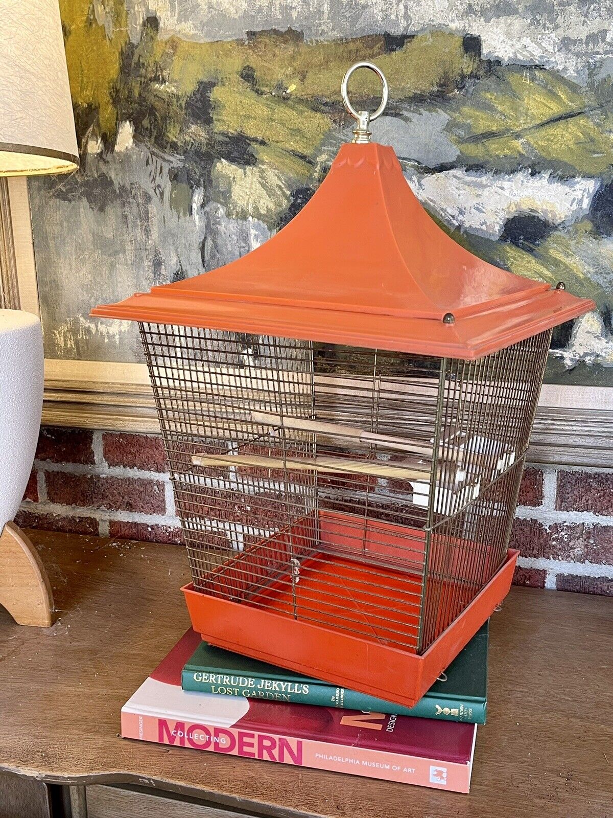 Vintage MCM Mid Century Modern Bright Orange Large Bird Canary Parakeet Cage