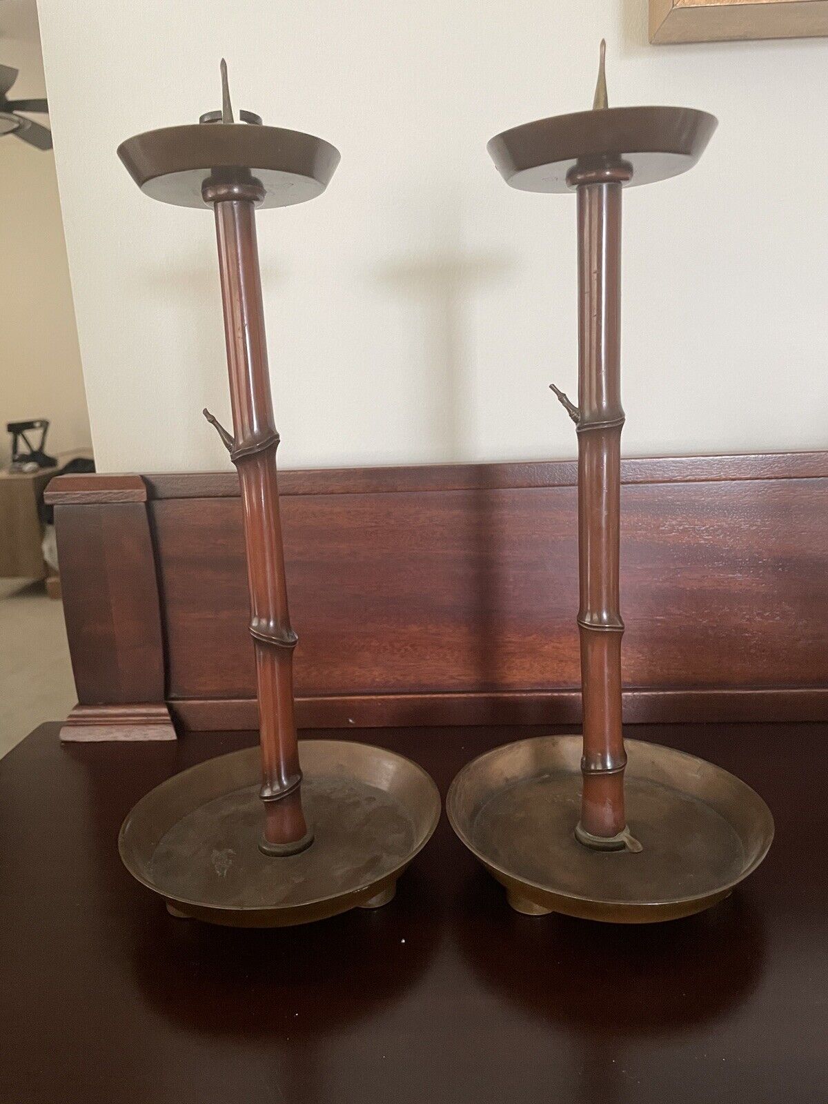 Pair of Antique Chinese Bronze Candle Holders With Marks