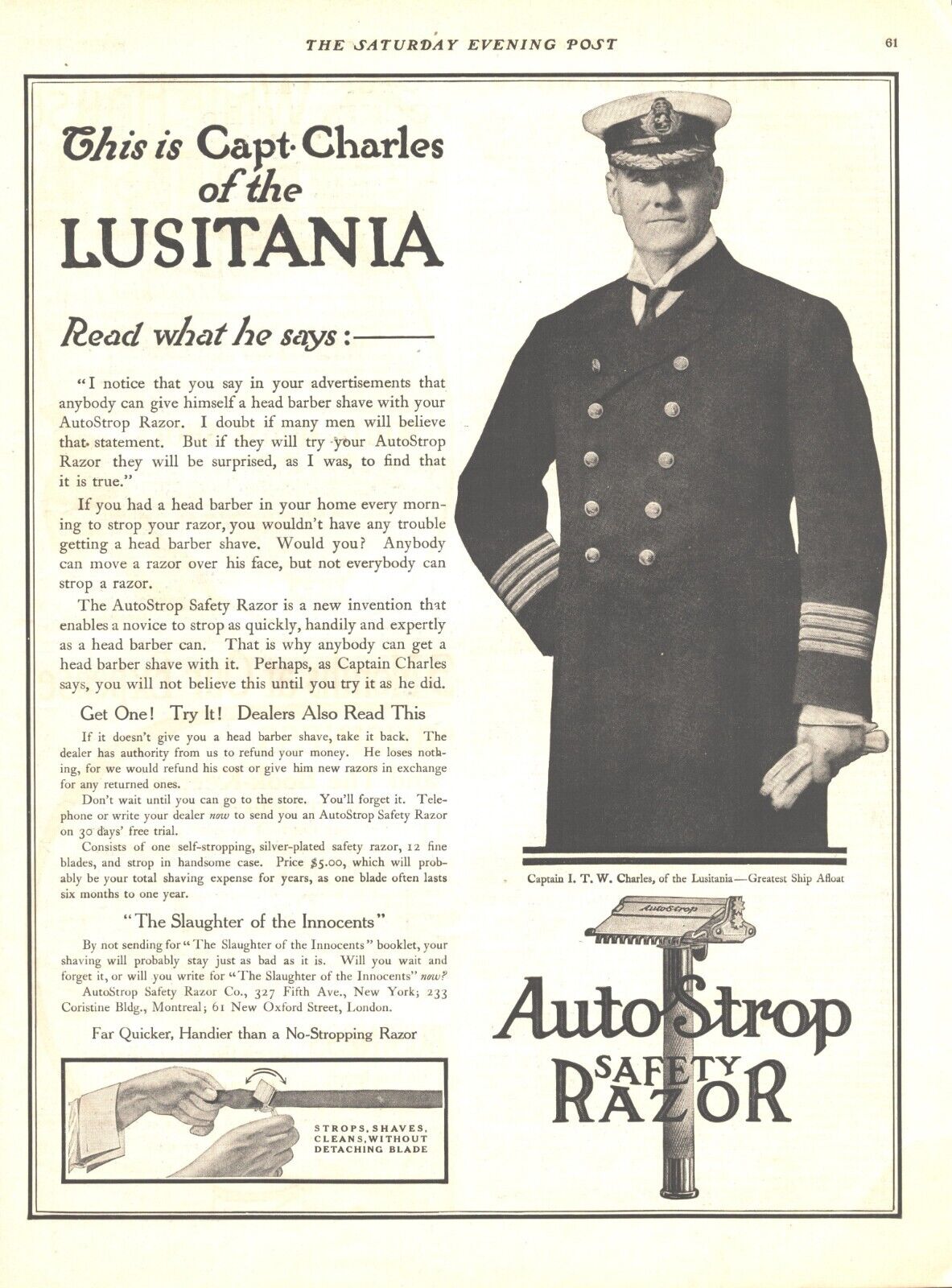 1910 RMS Lusitania Capt Antique Print Ad Razor Blade Pre Sinking World War One