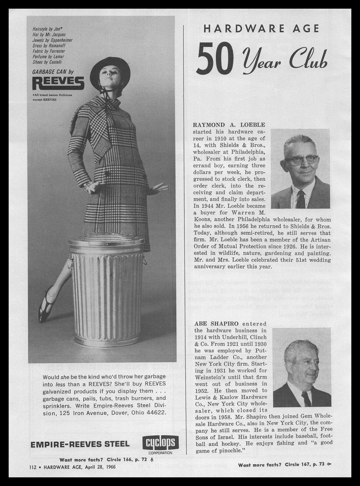1966 Empire Reeves Steel Garbage Can Dover Ohio Model In Romanoff Dress Print Ad