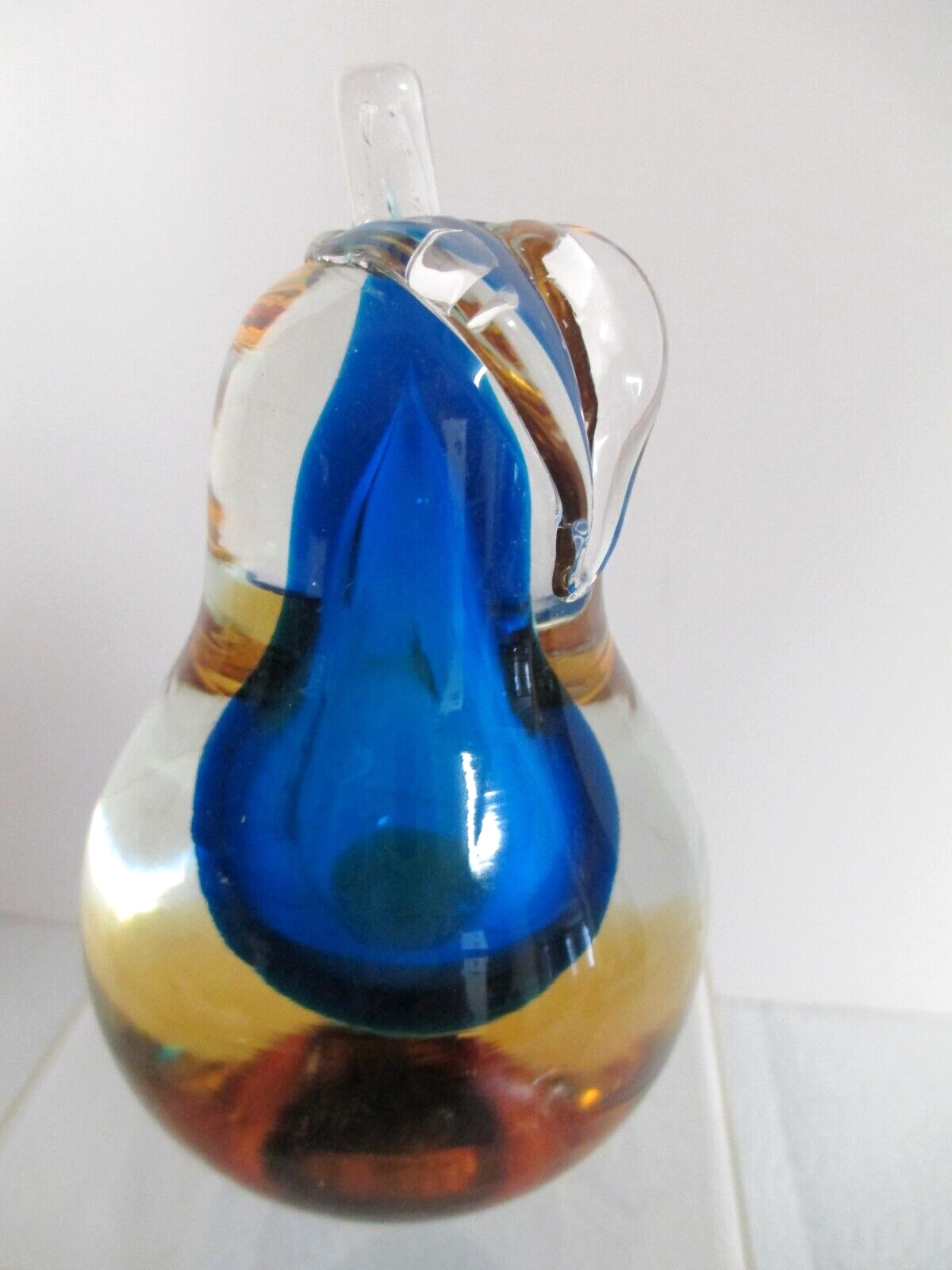 ITALIAN VENETIAN MURANO SOMMERSO BLUE CLEAR AMBER BLOWN GLASS PEAR PAPERWEIGHT