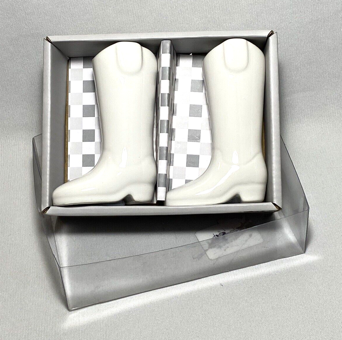 DOLLY PARTON ~ Set of (2) White Ceramic COWBOY BOOT Salt & Pepper Shakers w/Box