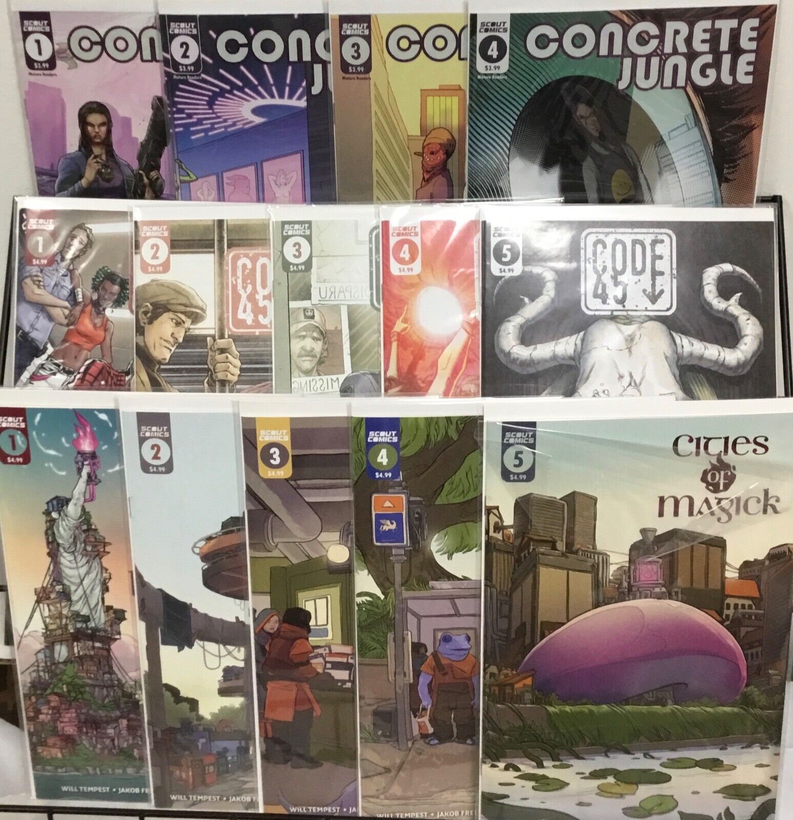 Scout Comics Concrete Jungle 1-4, Code 45 1-5, Cities of Magick 1-5