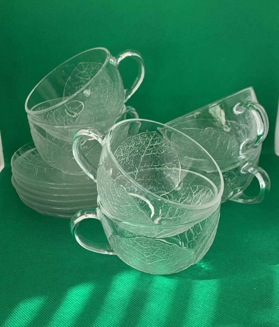 Aspen Leaf Vintage Tea Cups Saucers Arcoroc France Set Of 6 Each Embossed