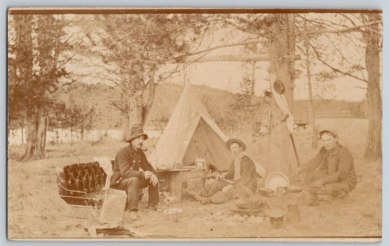 RPPC Postcard~ Three Men Cooking & Camping~ Near Georgetown Bridge~ Anaconda, MT