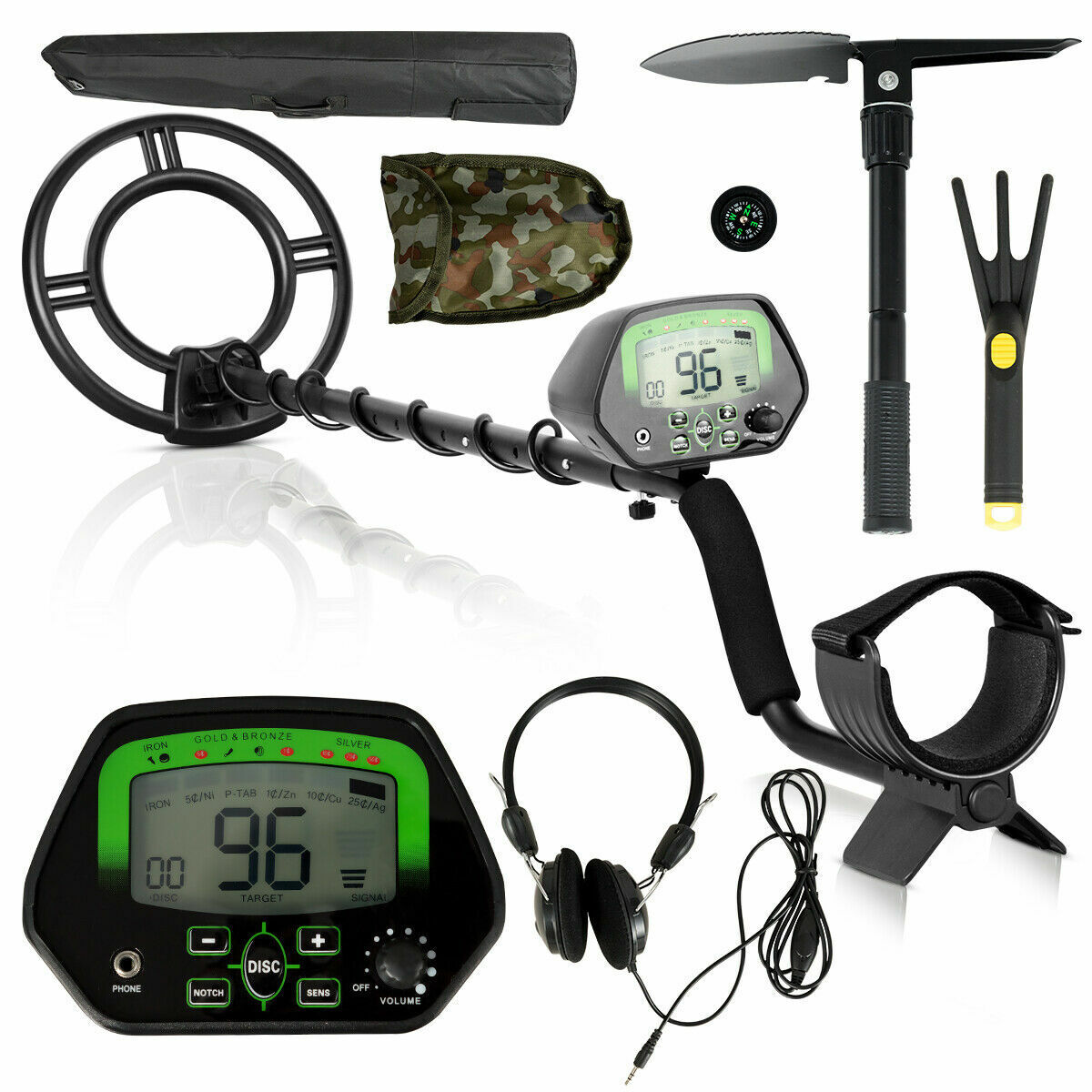High Accuracy Metal Detector Kit W/Display Waterproof Search Coil Headphone Bag