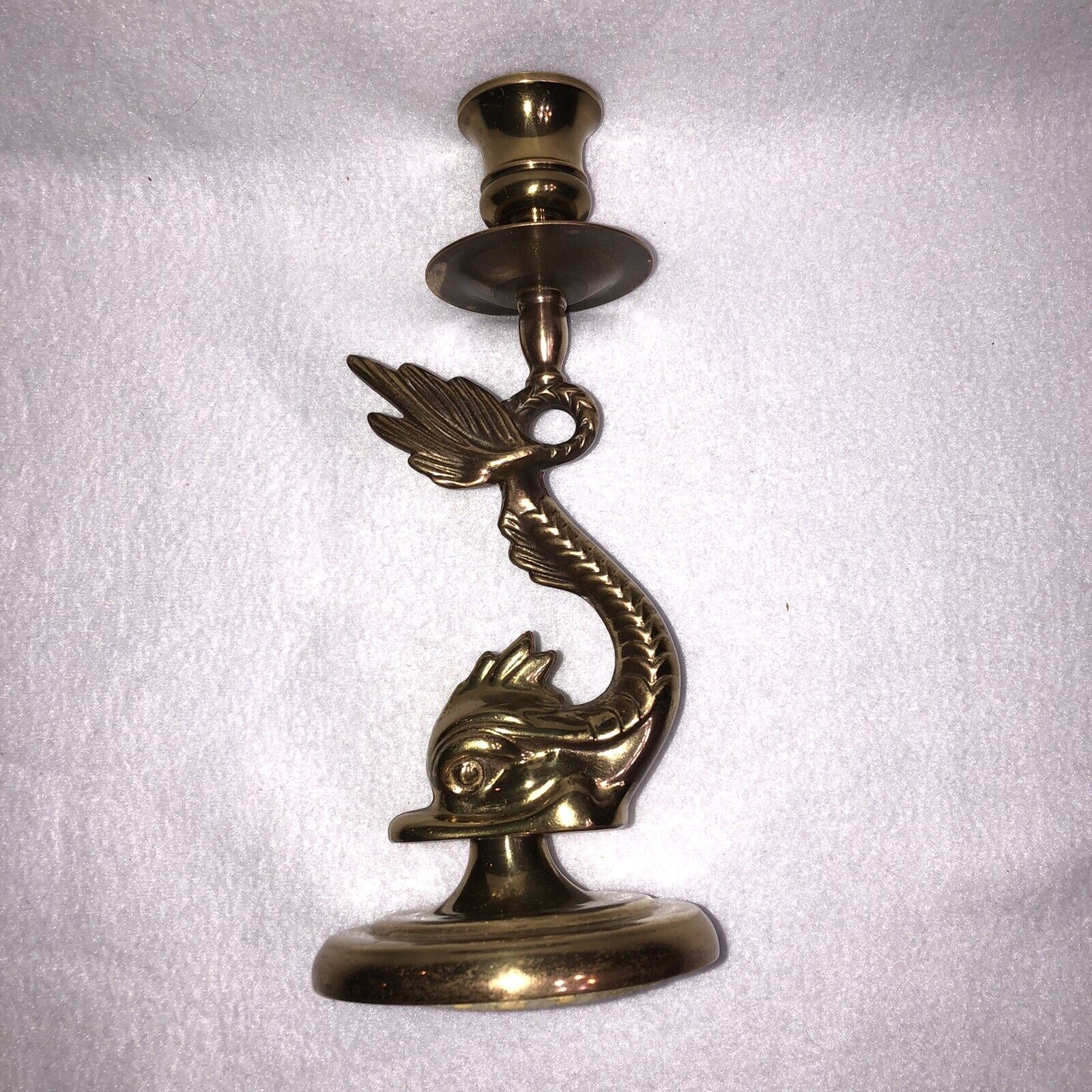 Vintage Ethan Allen 8” Solid Brass Sea Serpent Koi Fish Nessie Candlestick USA