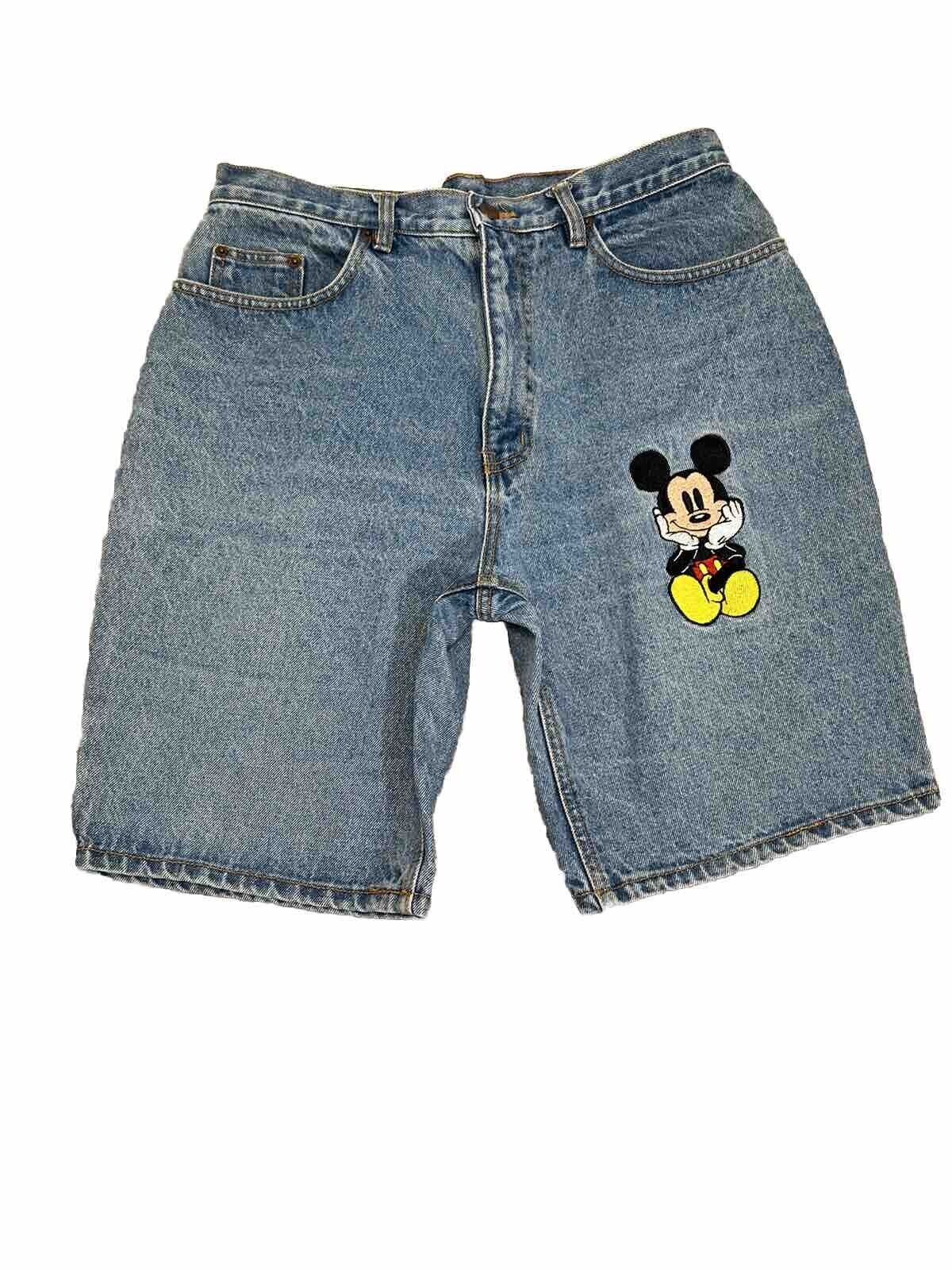 Vintage Mens L Mickey Inc Denim Jean Shorts Embroidered Pocket Disney 32 x 10
