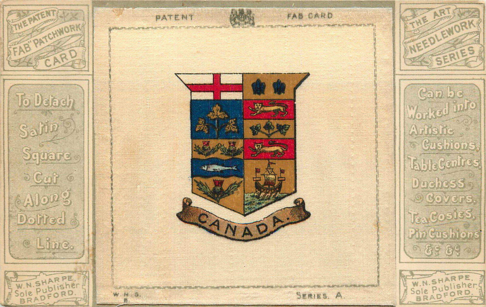 Postcard Pin Cushion Fab Patchwork Card W.N. sharpe Publ. Canada Series A Needle