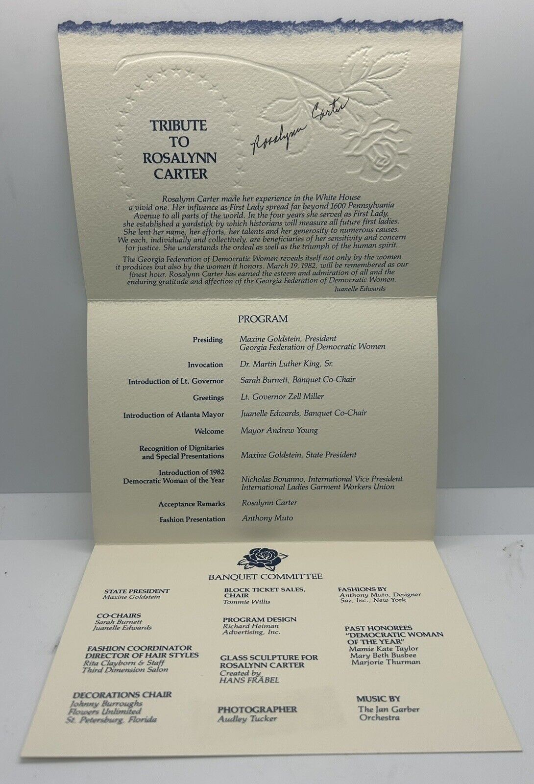 Rosalynn Carter Signed 1982 Tribute Banquet Program First Lady Autographed