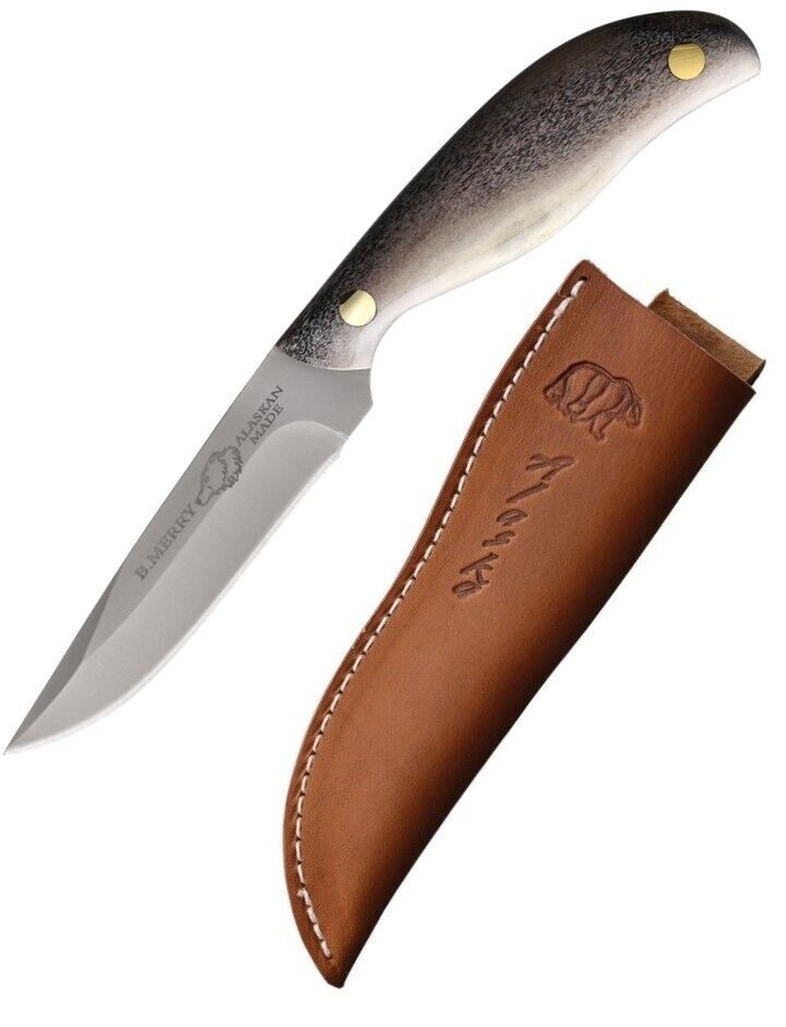 B Merry Fixed Knife 4.5 Stainless Steel Skinner Full Blade Caribou Antler Handle