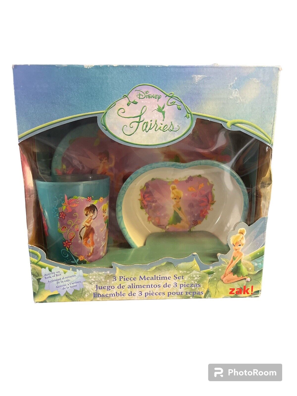 Vintage Zak Tinker Bell Disney Fairies 3 Piece Mealtime Set Heart Shape NIB