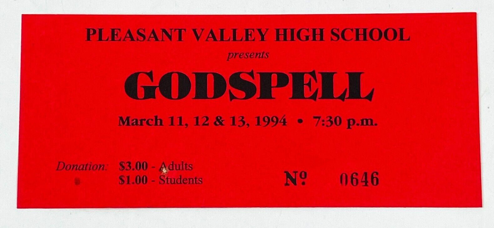 1994 Pleasant Valley High School  Godspell Play Ticket Stub Brodheadsville PA