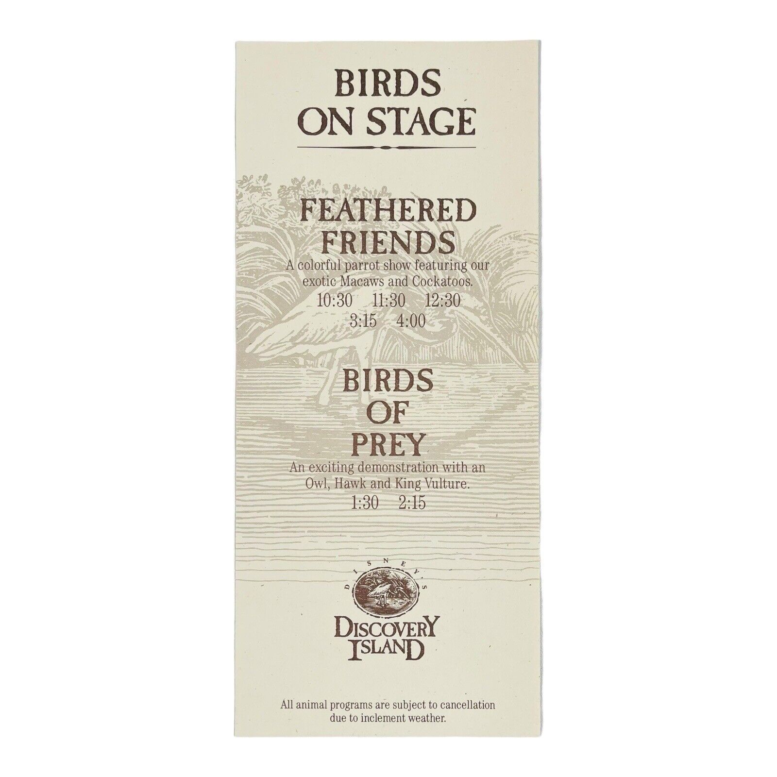 Disney Discovery Island Birds on Stage Show Program Card Ephemera Vintage 1990s