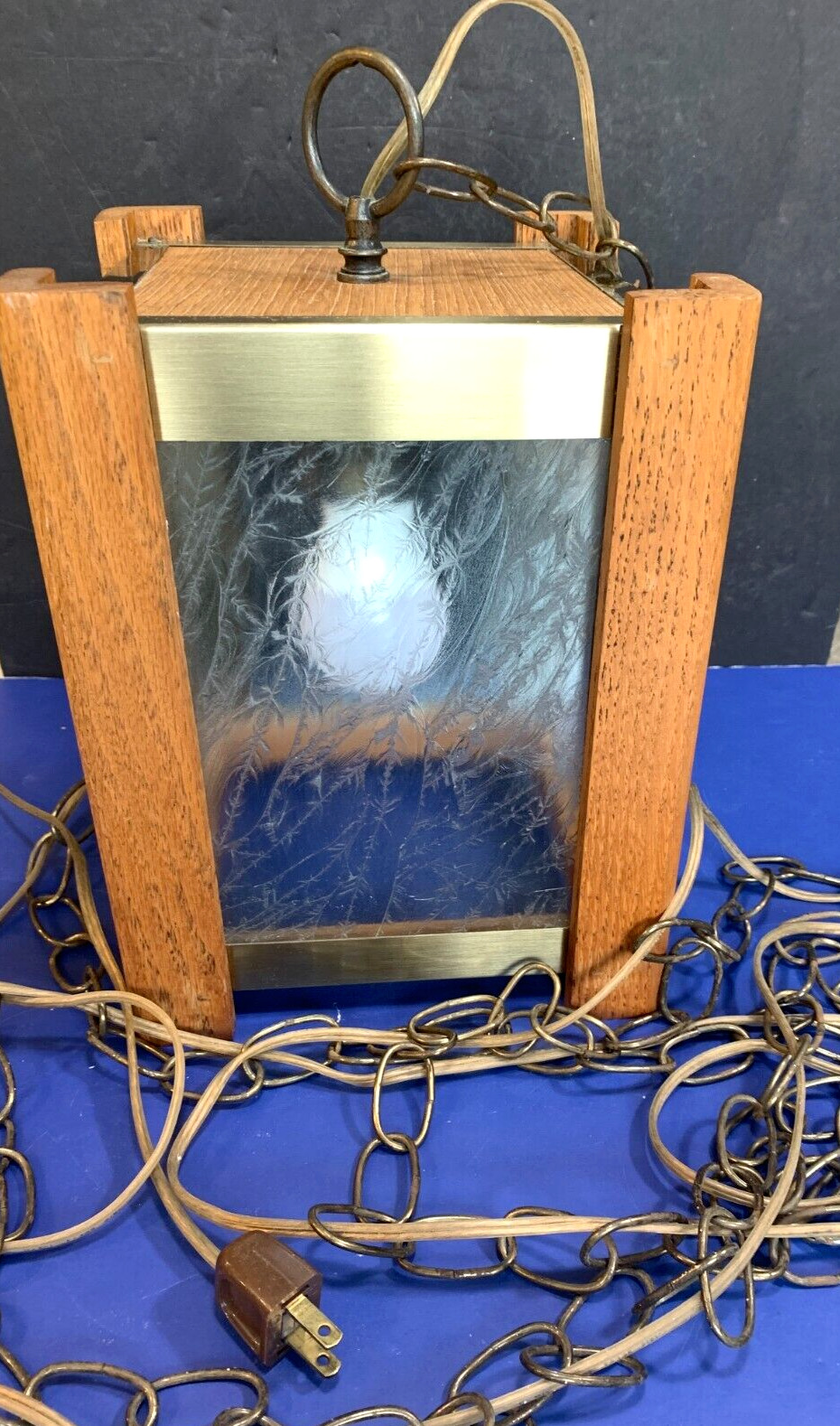 Vintage 1970s Retro Boho Hanging Decorative Pane Glass Wood Light 9 ft of chain
