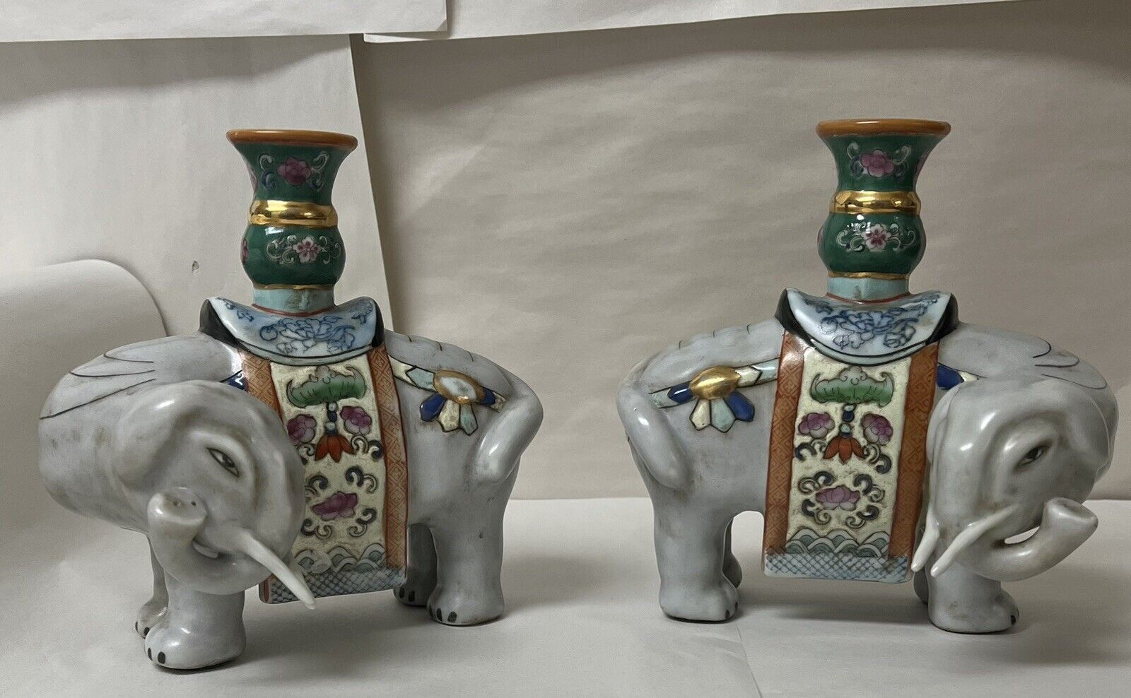 Vintage Pair of Chinese Elephant Candle Holders 