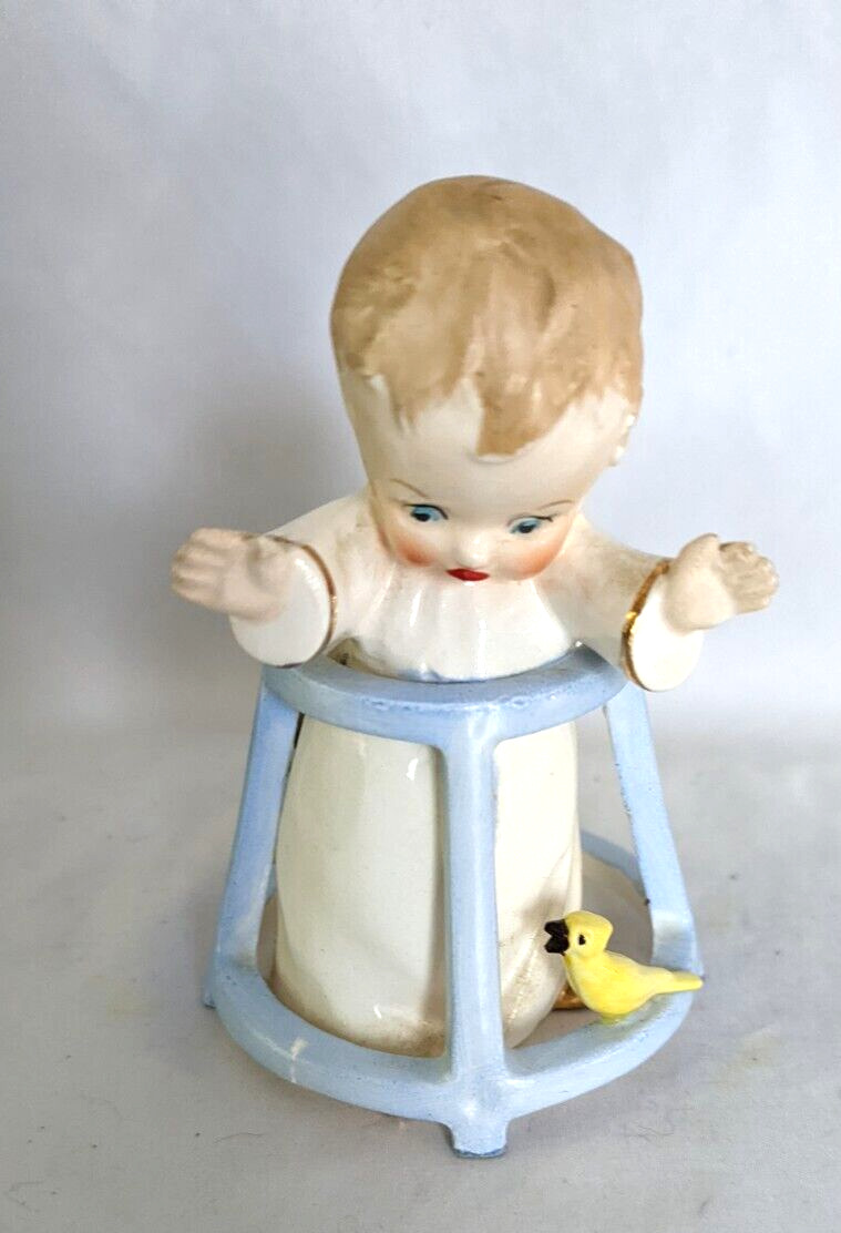 Vintage 1950\'s Delightful Baby Boy in Blue Waler with Yellow Bird Figurine
