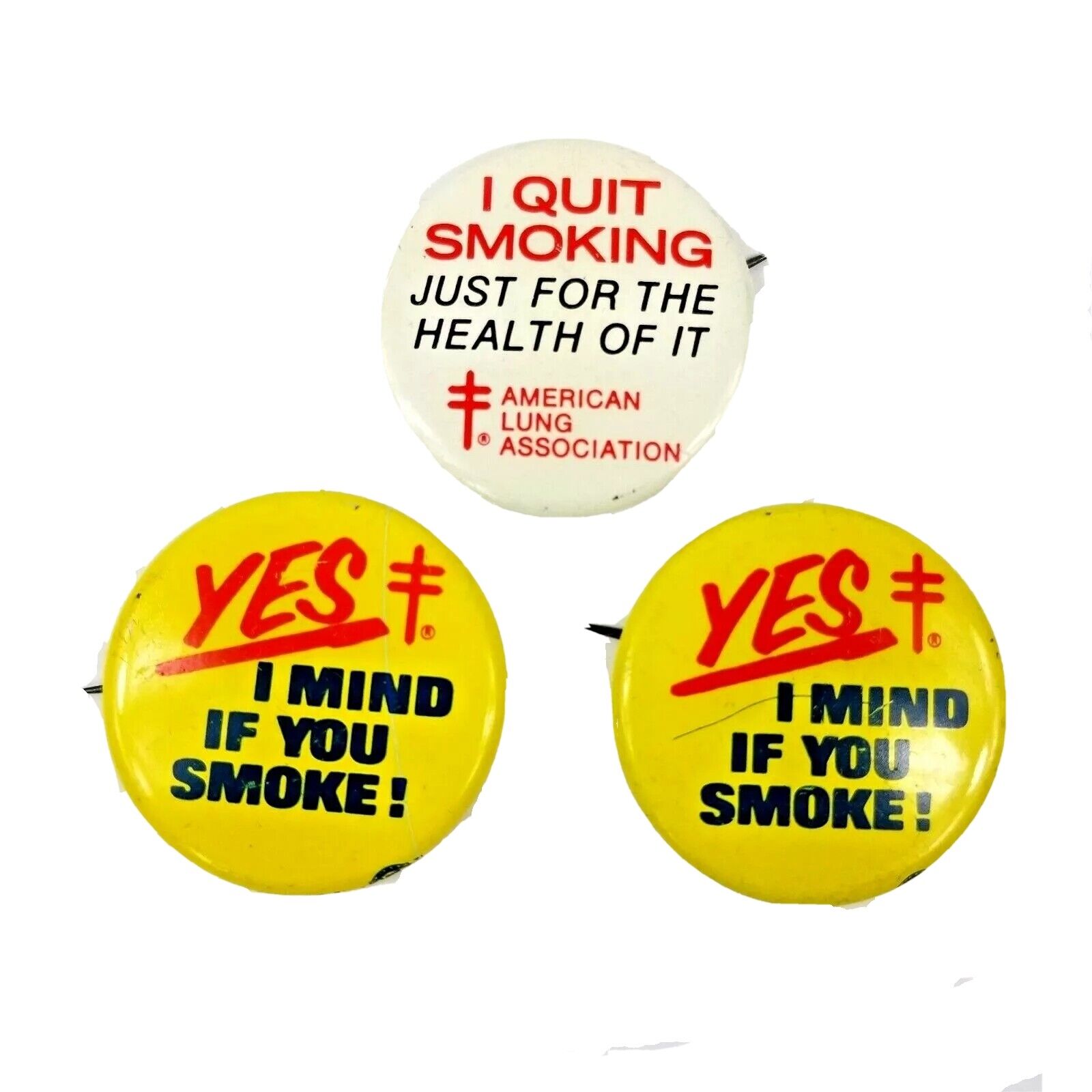 Lot Of 3 Vtg American Lung Association Pinback Buttons I Quit Smoking Slogans Ec
