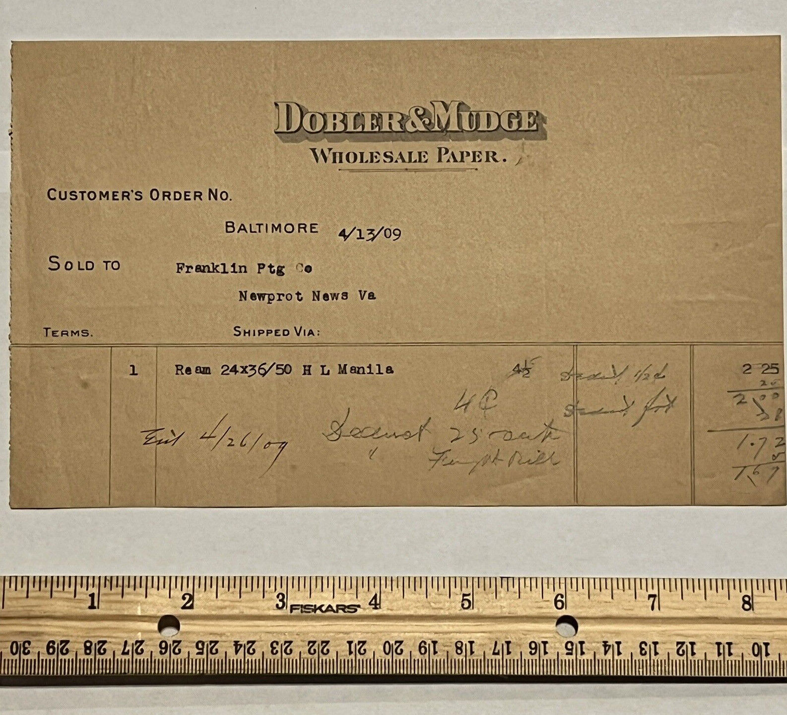 1909 DOBLER & MUDGE WHOLESALE PAPER RECEIPT BALTIMORE MARYLAND
