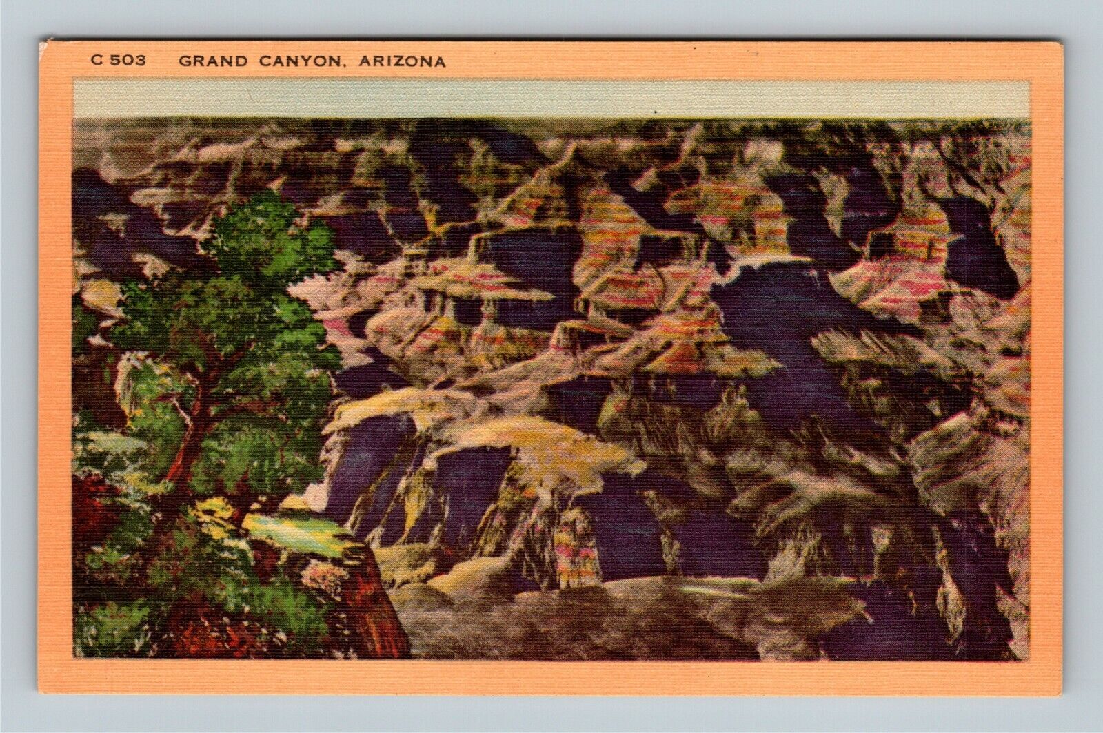 Grand Canyon AZ, View Overlooking, Arizona Linen Postcard