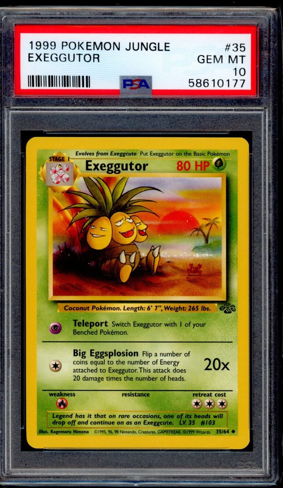 PSA 10 Exeggutor 1999 Pokemon Card 35/64 Jungle