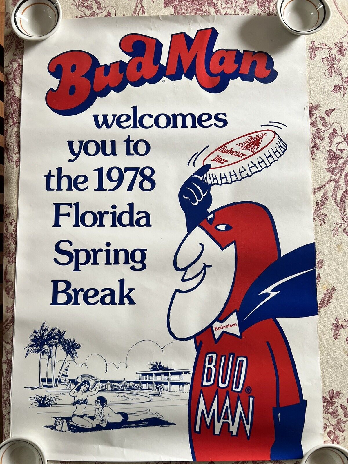 Vintage BUD MAN Budweiser Beer Advertising Poster Florida Spring Break 1978