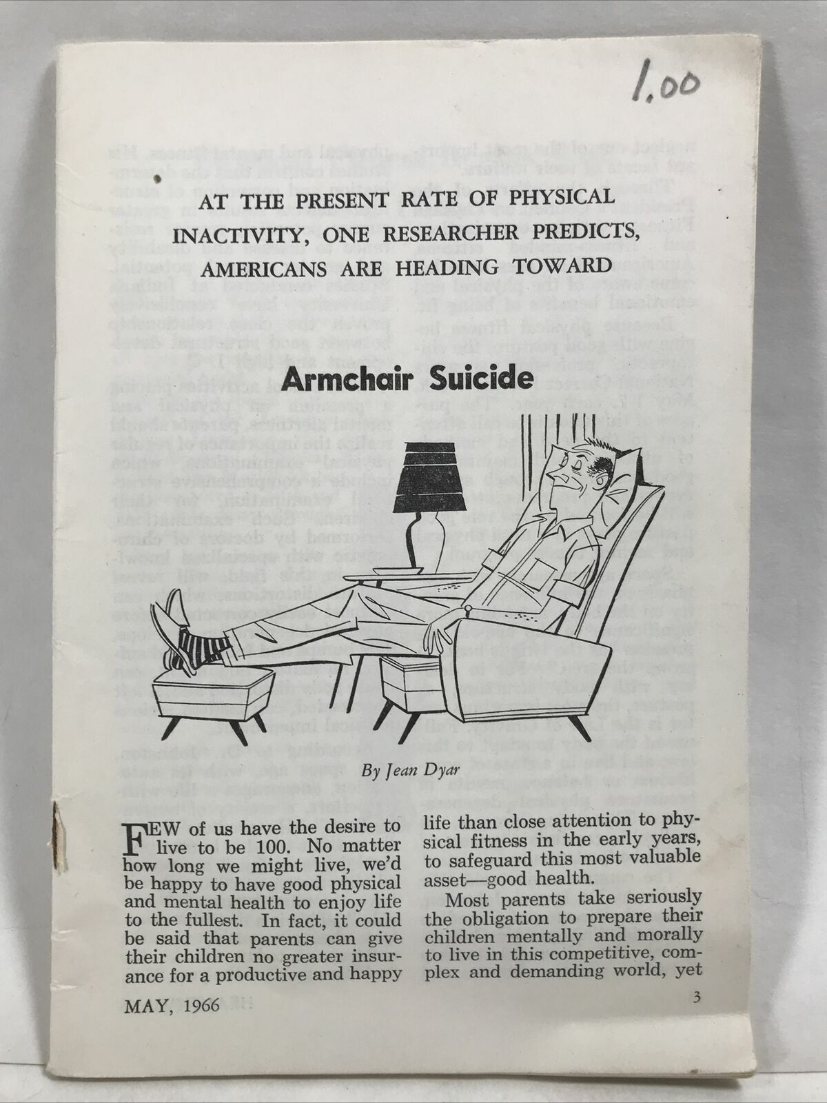 1966 Physical Inactivity Americans Heading Toward ARMCHAIR SUICIDE by Jean Dyar