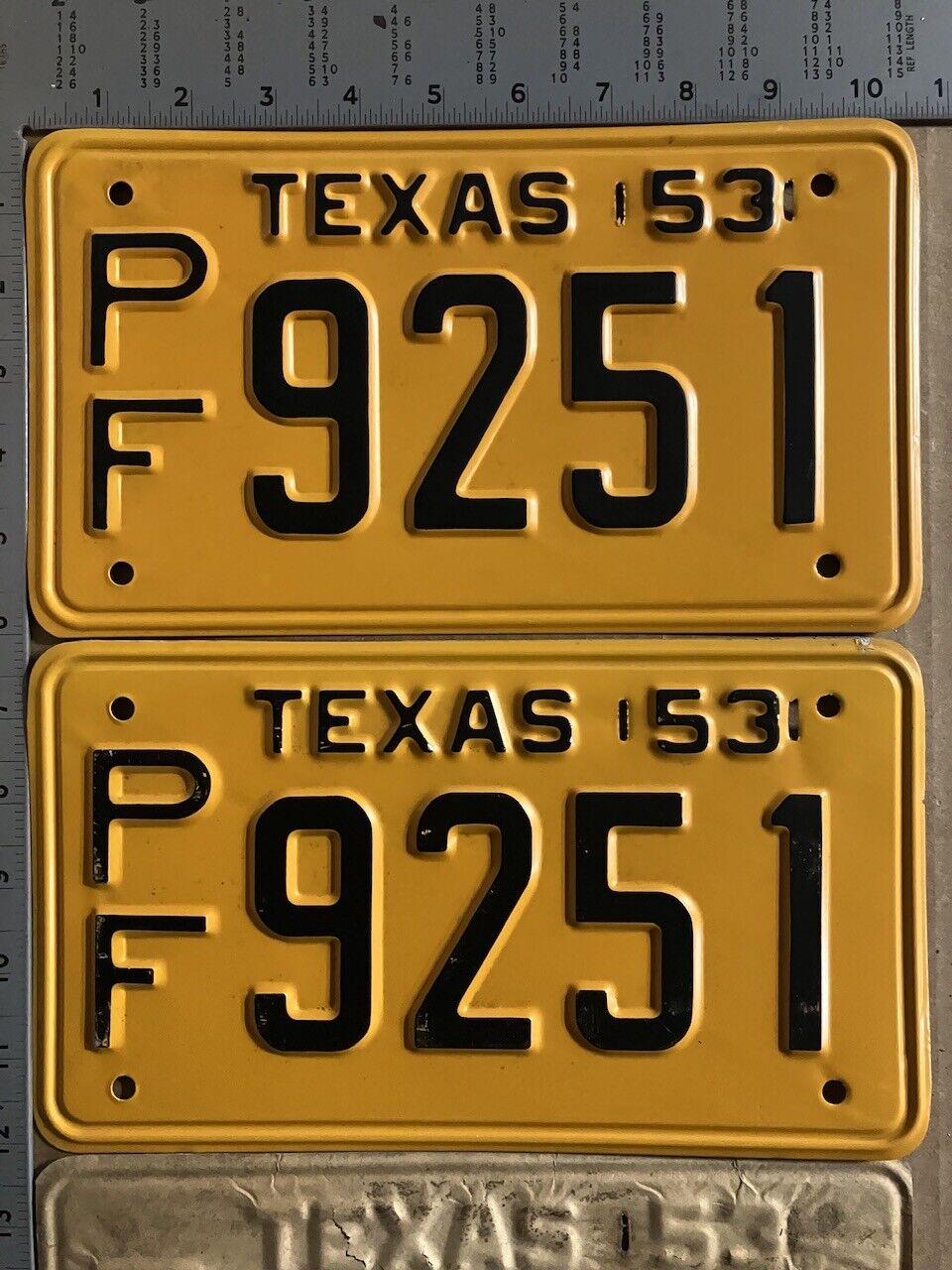 1953 Texas license plate pair PF 9251 YOM DMV NOS fresh out of the box 13017