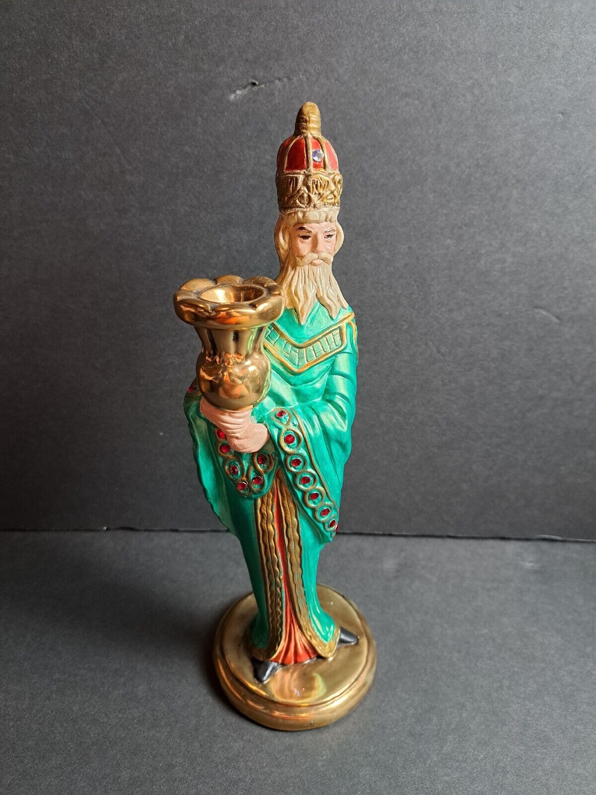 Christian Wise Man Statue Vintage Wiseman With Gems And Green Robe.  Old
