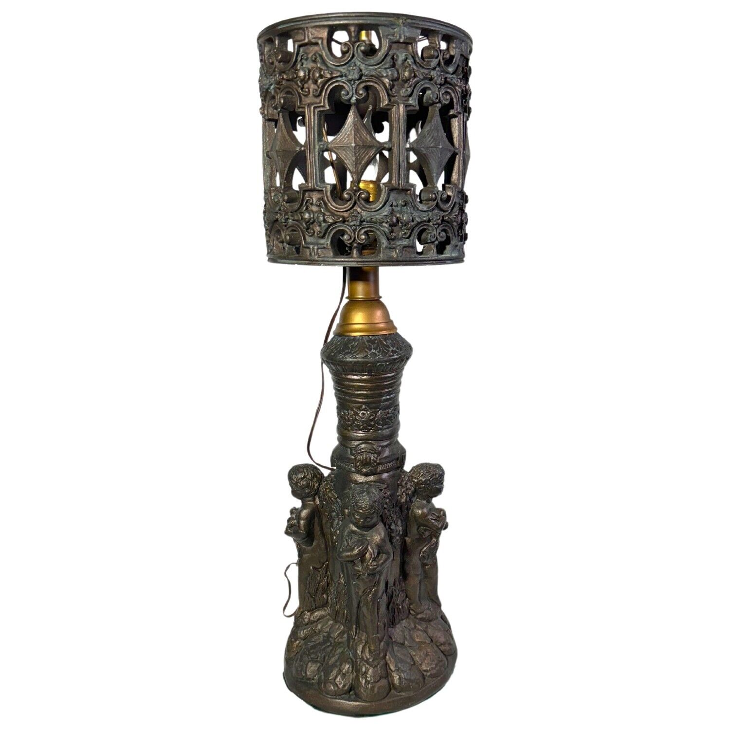 Gothic Styled -  Sculptured Table Lamp with Molded Children on the Base and Stem