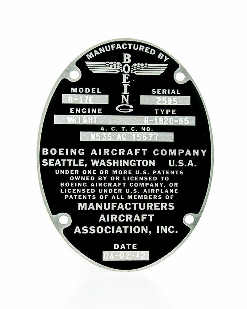 Reproduction B-17 Data Plate Stamped for the B-17E Desert Rat, WWII  DPL-0101-DR