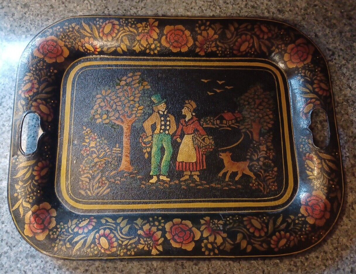 Antique 19th Century Tin Toleware Hand Painted Tray Courtship Man Woman Folk Art