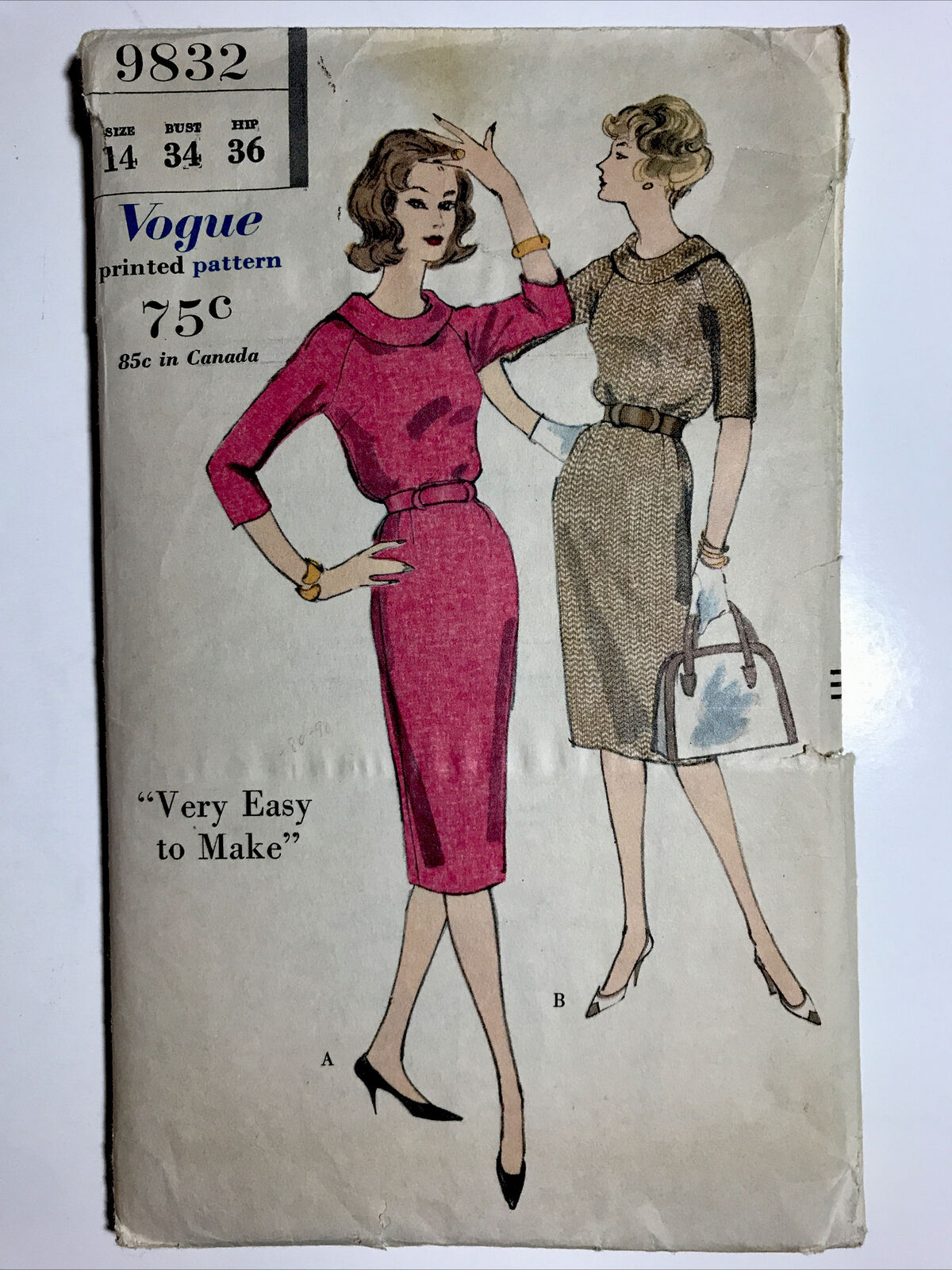 Rare Vogue 9832 Misses Slim Skirt Dress 14 Vintage Sewing Pattern